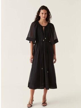 Aje Black Sheer-Sleeve Midi Dress with Tie-Front